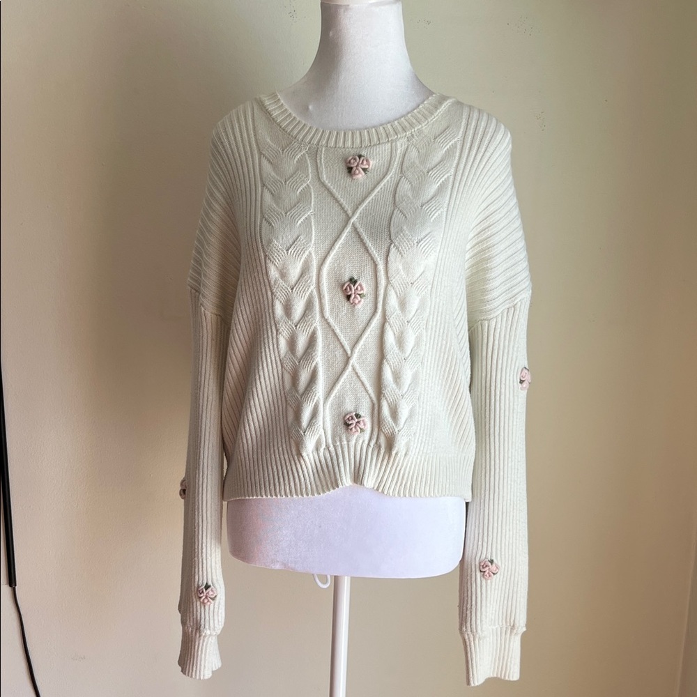 Truly Me Cream Cable-Knit Sweater with Pink Flower Appliqués